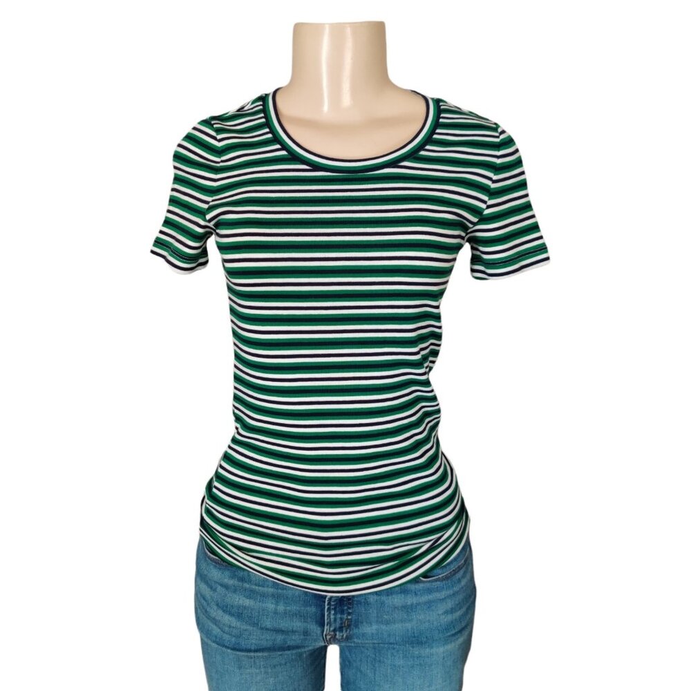 J Crew T-Shirt Womens Size Extra Small Green Blue White Striped Perfect Fit Tee